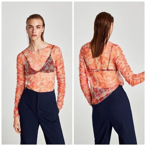 Zara Tops - Zara Orange Tulle Gathered Long Sleeve Blouse Size (S)